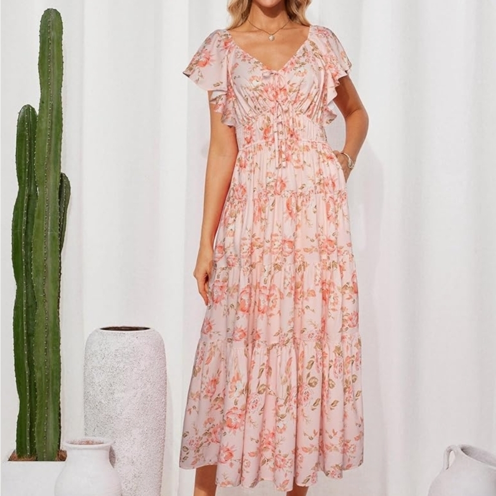 Elegant Floral Midi Dress in Pink